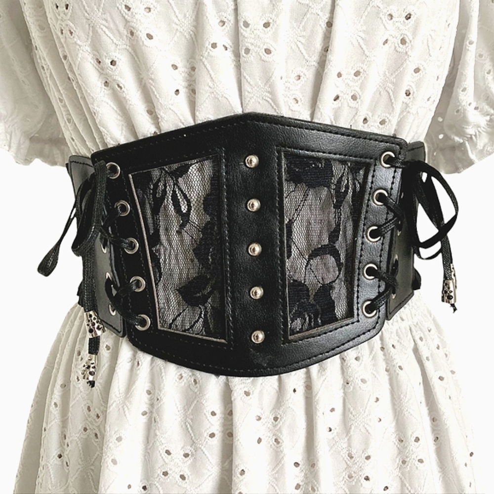 Black Lace up faux leather wide corset waist belt L/ XL Elastic whimsigoth